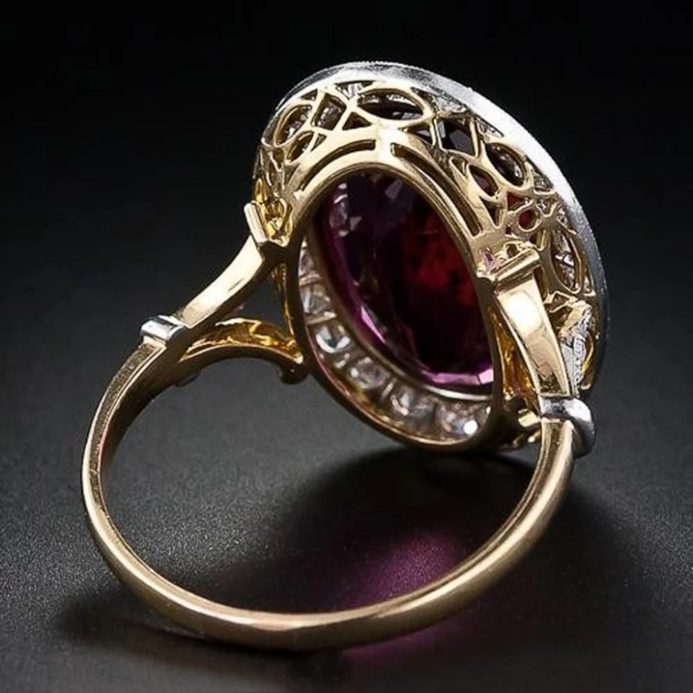 OVAL RED CZ TWO TONE DESIGN NOBLE BIRTHDAY 💍 RING - Picture 4 of 6